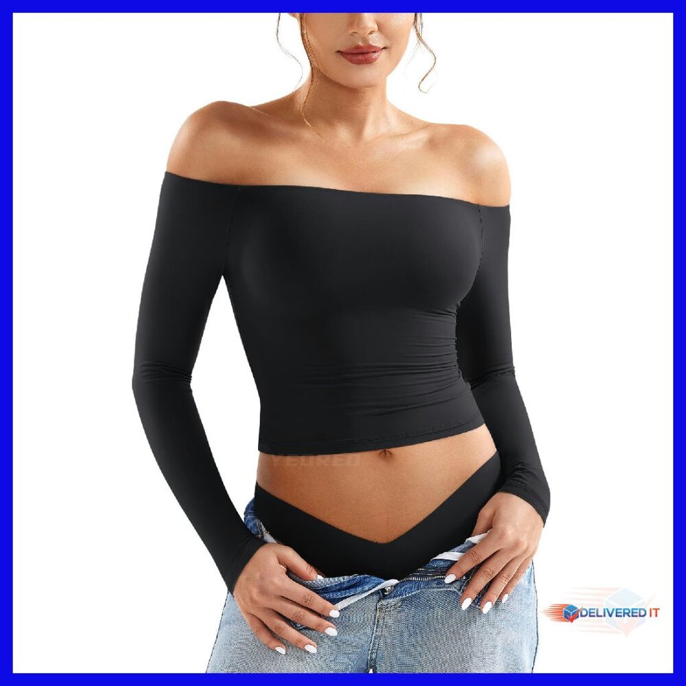 Double Lined Off Shoulder Long Sleeve Top Y2k Stretch Basic Undershirt